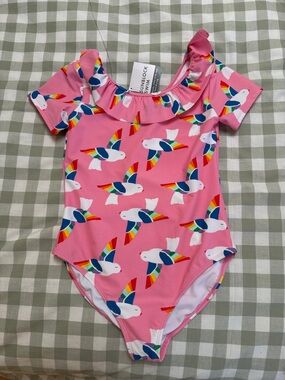 Hanna Andersson Pink One-Piece Swimsuit with Rainbow Bird Print